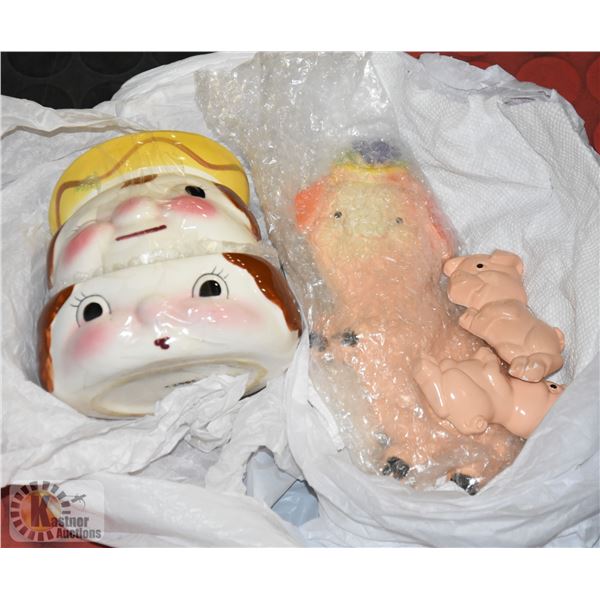 VINTAGE PY JAM JAR & DISH, SET OF CHALKWARE PIGS