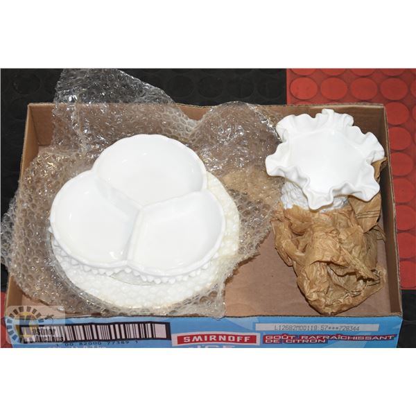 LOT OF FENTON MILKGLASS AND ROYALTY PLATES