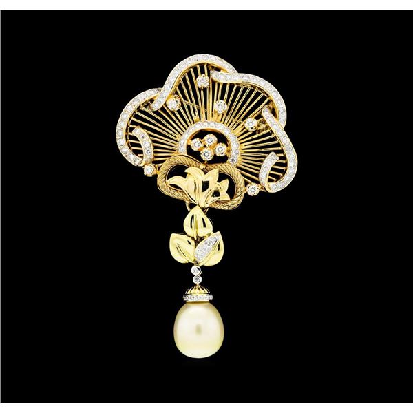 2.65 ctw Diamond and Pearl Pendant-Pin - 18KT Yellow Gold