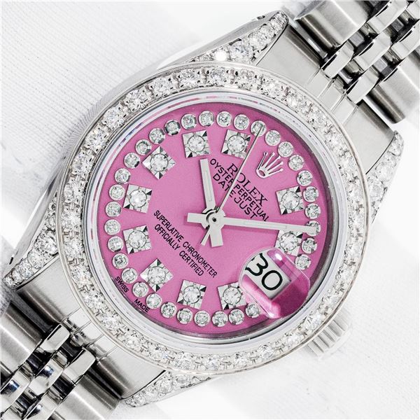 Rolex Ladies Stainless Steel 26MM Pink String Diamond Lugs Datejust Wristwatch W