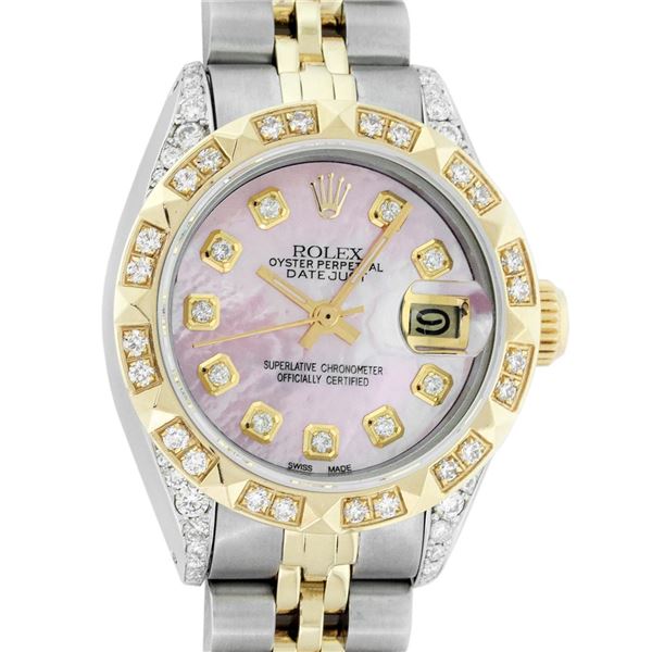 Rolex Ladies 2 Tone Pink MOP Diamond Lugs & Pyramid Datejust Wriswatch