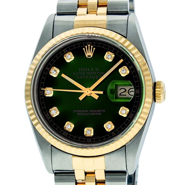 Rolex Mens 2T Green Vignette Diamond Datejust Wristwatch