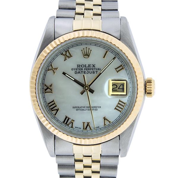 Rolex Mens 2T Mother Of Pearl Roman Datejust Oyster Perpetual Wristwatch 36MM