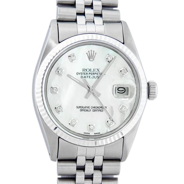 Rolex Mens Stainless Mother Of Pearl Diamond 36MM Datejust Wristwatch