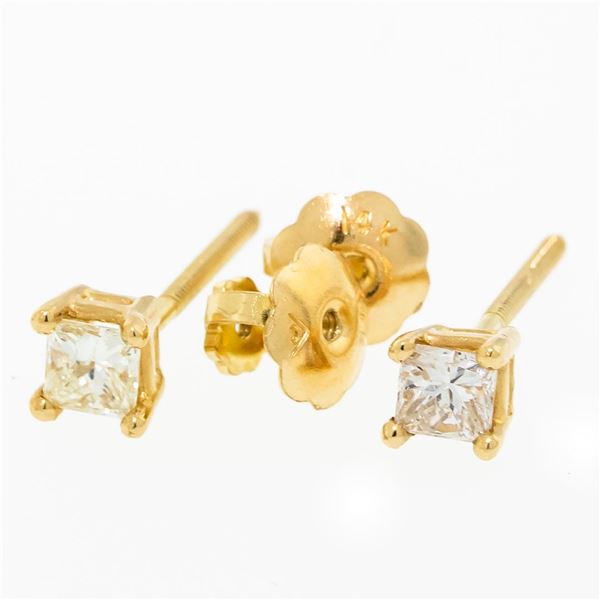 New 14K Yellow Gold Princess Cut Solitaire Stud Earrings