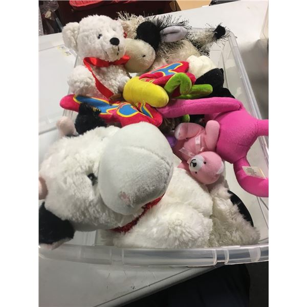 Bin of Stuffed Animals, Cow, bears, Butterfly, Pink Frog