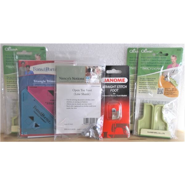 Sewing Lot - Janome Straight Stitch Foot, Open Toe Foot, 3 6-in-1 Stick n Stitch, 2 Triangle Trimmer