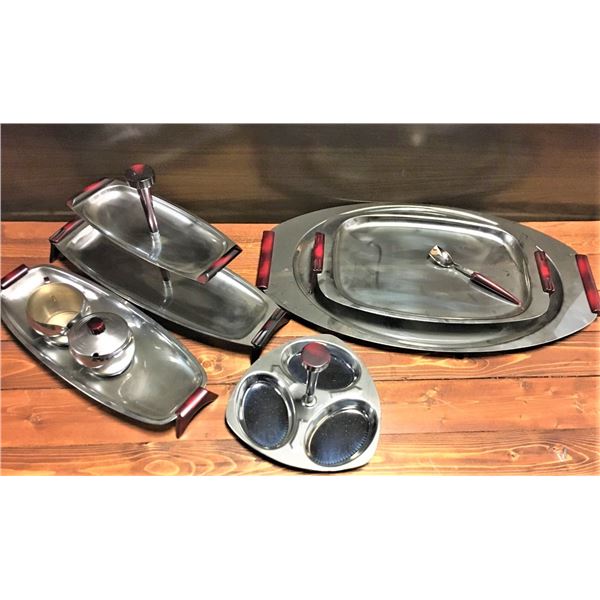 Vintage Gourmates Set by Glo-Hill Canada Oblong Serving Trays Chrome & Bakelite