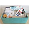 Image 1 : Shoebox of Assorted Craft Items - Fabric, Glue, Ribbon, and more