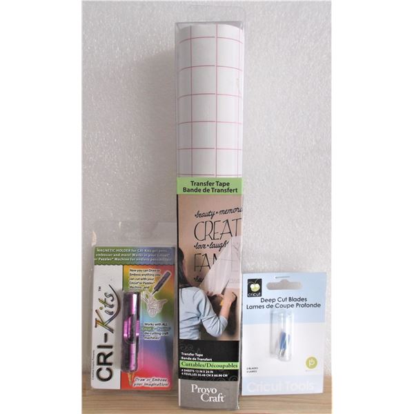 Cricut Items: Transfer Tape, Magnetic CRI-Kits Holder, and Two Deep Cut Blades