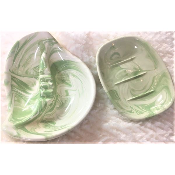 Soap Dish and Ashtray Ceramics in Green Swirl Glaze,  small chip on soap dish