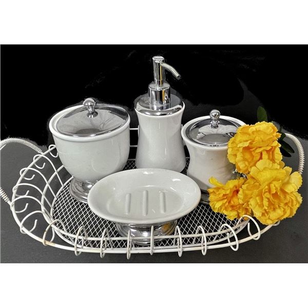 White and Silver Tone Bathroom Set in Tray