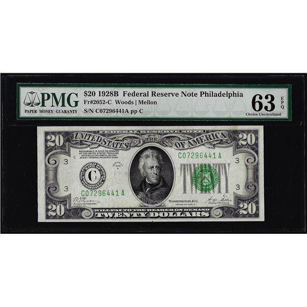 1928B $20 Federal Reserve Note Philadelphia Fr.2052-C PMG Choice Uncirculated 63EPQ