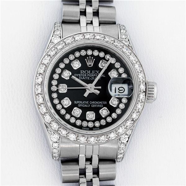 Rolex Ladies Stainless Steel Black Diamond Lugs Datejust Wristwatch