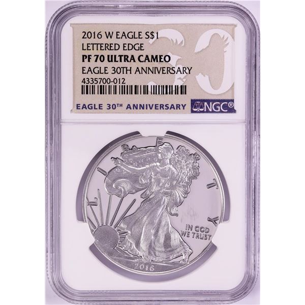 2016-W Lettered Edge $1 Proof American Silver Eagle Coin NGC PF70 Ultra Cameo
