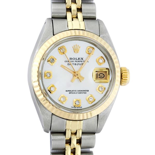 Rolex Ladies Two Tone Mother Of Pearl Diamond Datejust Wristwatch