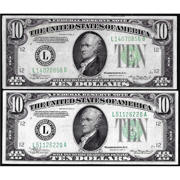 Lot of (2) 1934A $10 Federal Reserve Notes San Francisco