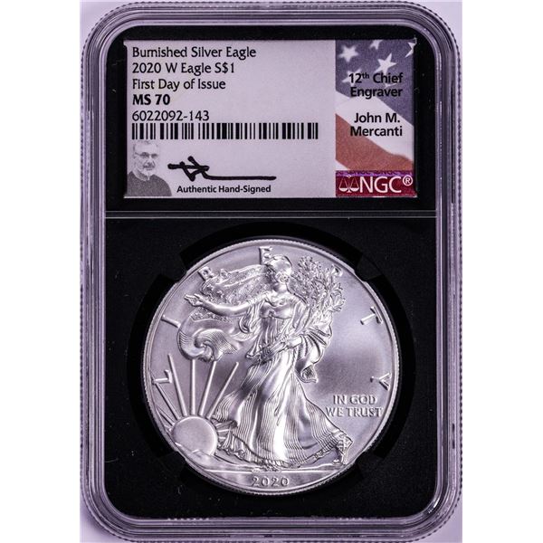 2020-W $1 Burnished American Silver Eagle Coin NGC MS70 Mercanti Signature