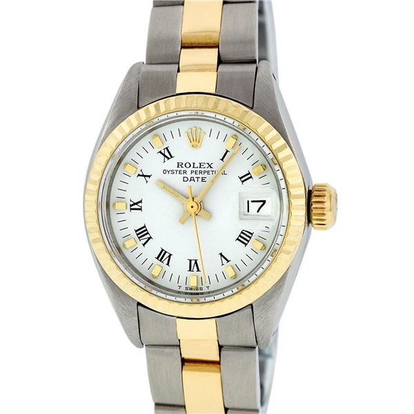 Rolex Ladies Two Tone White Index Oyster Band Fluted Date Wristwatch