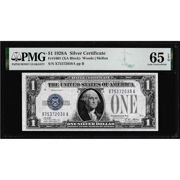 1928A $1 Funnyback Silver Certificate Note Fr.1601 PMG Gem Uncirculated 65EPQ