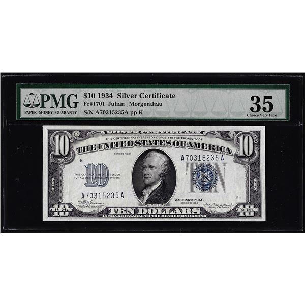 1934 $10 Silver Certificate Note Fr.1701 PMG Choice Very Fine 35