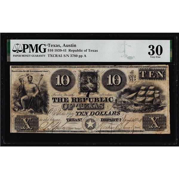1839-41 $10 Republic of Texas Austin Obsolete Note TXCRA5 PMG Very Fine 30