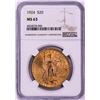 Image 1 : 1924 $20 St. Gaudens Double Eagle Gold Coin NGC MS63