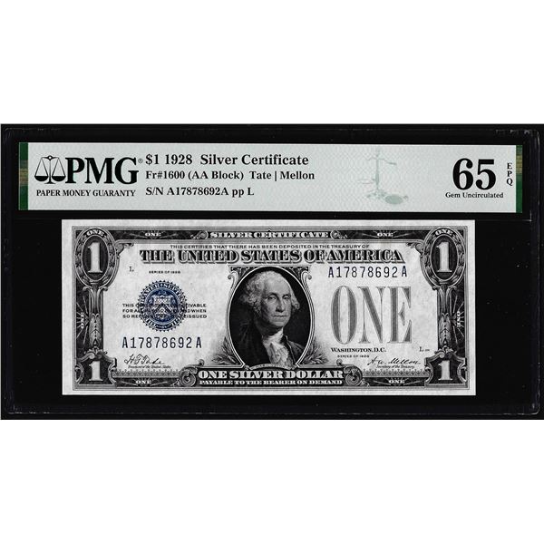 1928 $1 Funnyback Silver Certificate Note Fr.1600 PMG Gem Uncirculated 65EPQ
