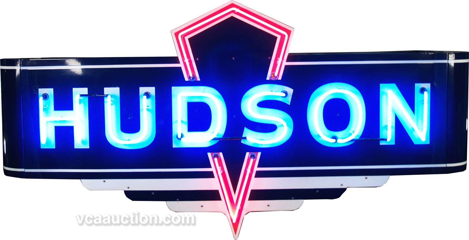 Hudson Block Lettering Sign Hudson Porcelain Sign w/ Neon Rare Wall Hanger Mount