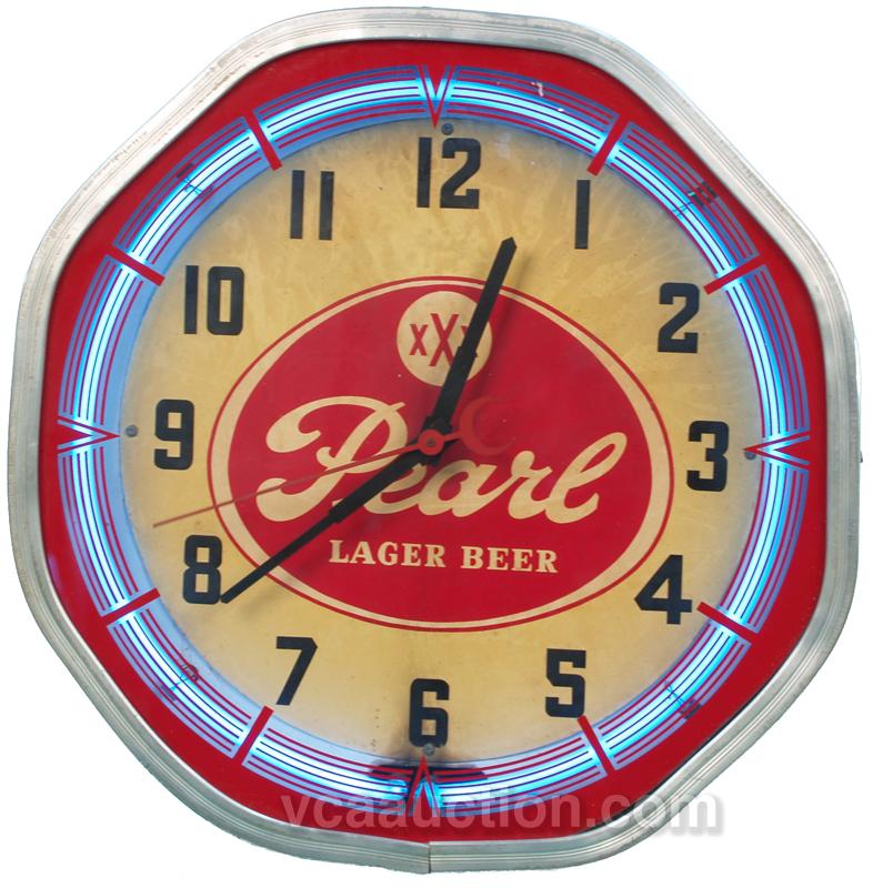 Pearl Lager Beer Clock w/ Neon 18" Diam