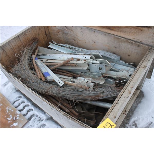 Box of steel pegs,spring brackets and wire