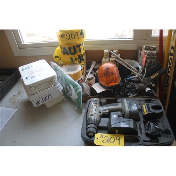 Caution Tape, First aid Kits, Flasher and CORDLESS drill and misc on desk