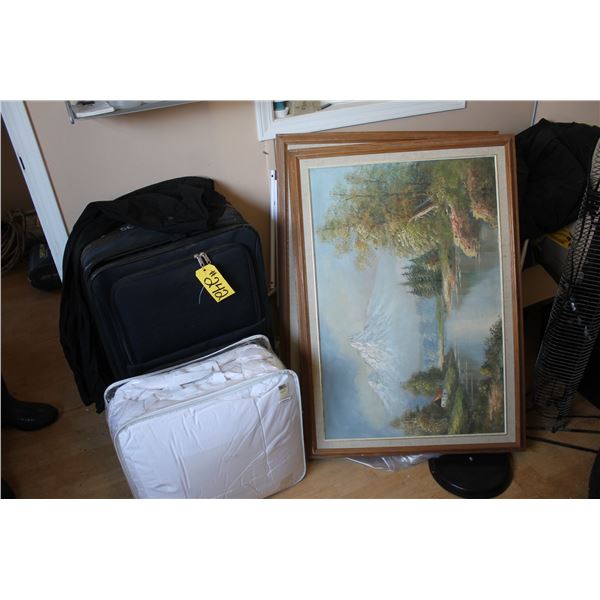 SUITCASES, COMFORTER AND PICTURES