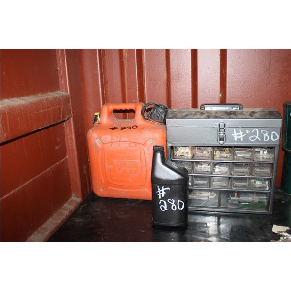 JERRY CAN, OIL CAN, SMALL CABINET, CAMP STOVE, SCREWS, MISC. AND BLACK FILING CABINET