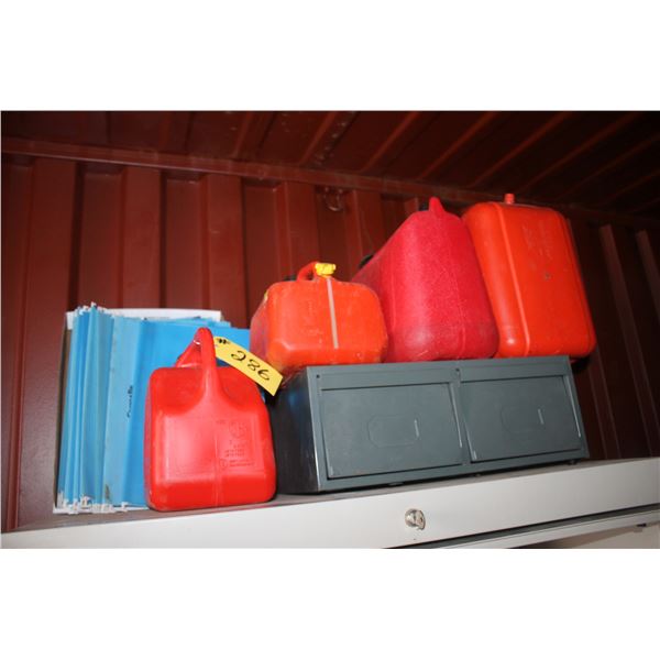 4 JERRY CANS AND A GREY CABINET