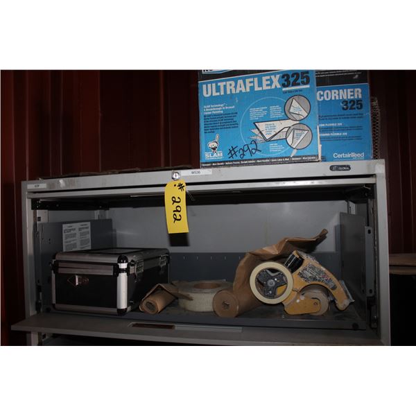 CABINET COMPLETE PAINTING SUPPLIES, ROLLS OF PAPER, TAPE, CORNER FINISHING