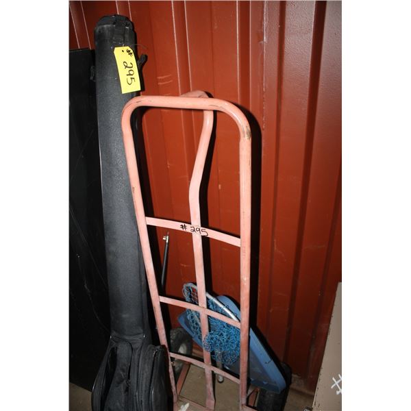 2 WHEEL CART, FISHING ROD CASE AND GREY CABINET