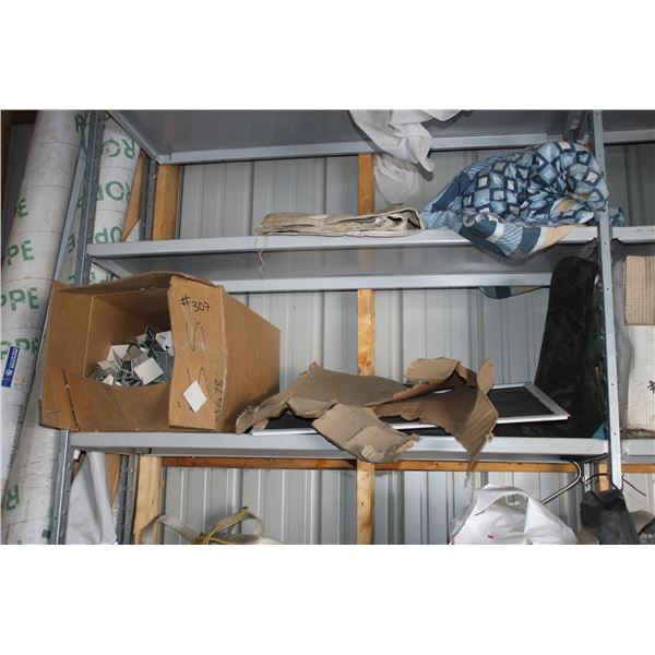 YELLOW TOOL BOX WITH HARDWARE, BRACKETS, CEILING CLIPS AND MISC. ON SHELF SECTION