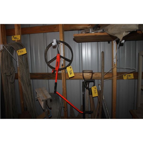 ROPE, MEASURING WHEEL, BROOMS, SCRAPERS, STAND