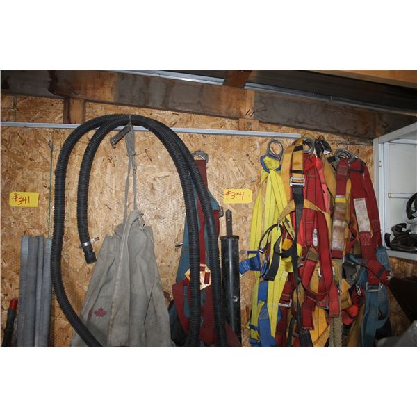 QTY OF TOOLS, SAFETY HARNESS, THREADED ROD, TELEPOSTS, SAFETY BELTS AND MISC. AGAINST WEST WALL
