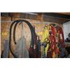 Image 1 : QTY OF TOOLS, SAFETY HARNESS, THREADED ROD, TELEPOSTS, SAFETY BELTS AND MISC. AGAINST WEST WALL