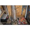 Image 3 : QTY OF TOOLS, SAFETY HARNESS, THREADED ROD, TELEPOSTS, SAFETY BELTS AND MISC. AGAINST WEST WALL