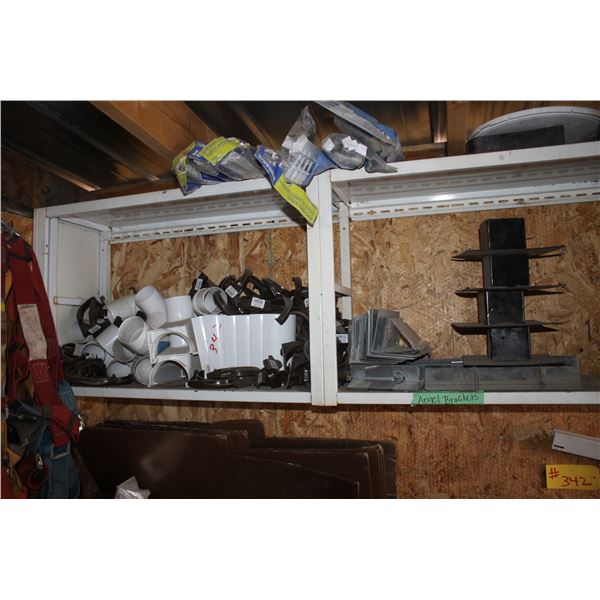 EAVESTROUGH PARTS, METAL BRACKETS, TILES, CHAIN LINK BRAKETS AND MISC. ON NORTH WALL