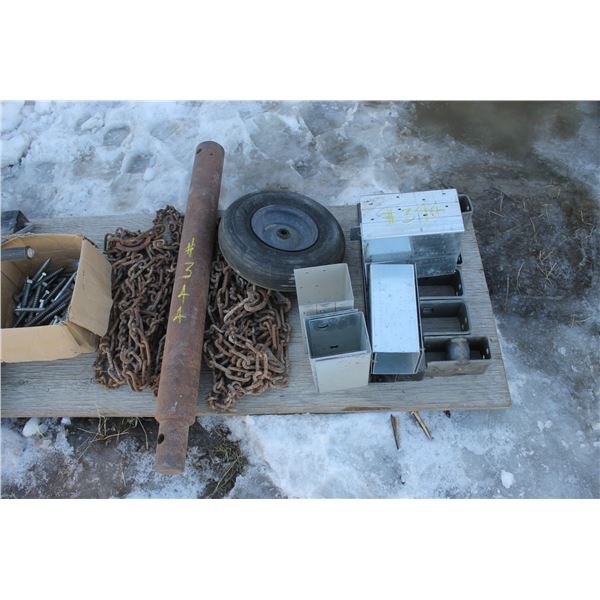 AUGER EXT., TIRE CHAINS, LEG BOLTS, METAL BRACKETS