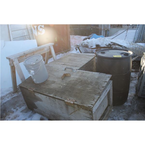 CRATES, SAW HORSE, AIR CONDINTIONER, OLD COMPRESSOR, WHEEL BARROW