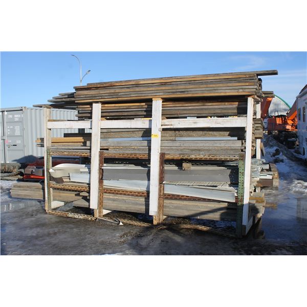 ONE WOODEN SHELF UNIT C/W LUMBER 2" X 12" AND CORNER TRIM