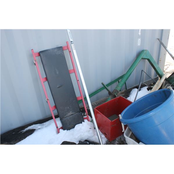PROPANE TANK, RAKES, GREEN FRAME, CREEPER AND MISC. (NORTH SIDE OF SEACAN)
