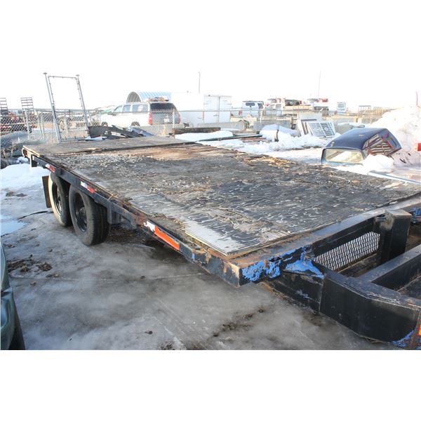 TANDEM AXEL FLAT DECK C/W PINDLE HITCH, JACK AND SPARE (NO SERIAL #) SOLD FOR FARM USE ONLY