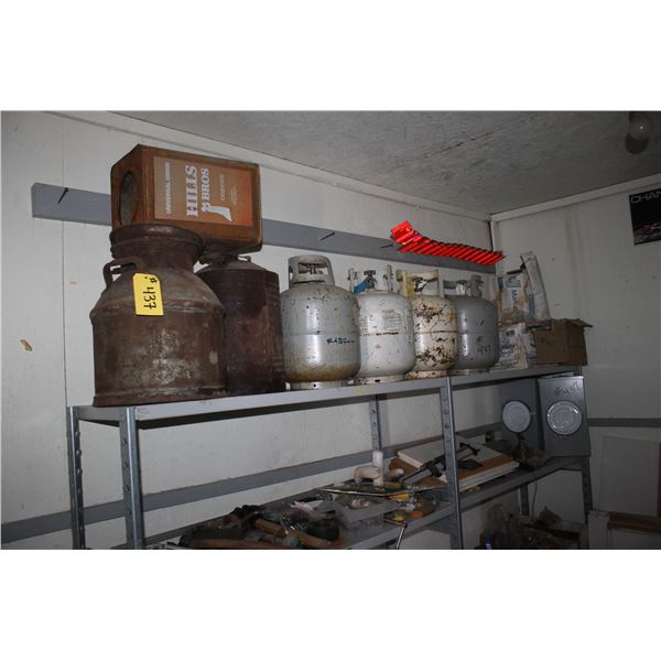 CREAM CANS, PROPANE BOTTLES, ROPE, RED TOOLBOX, NAILS, TOOLS, C/W METAL SHELF AND CONTENTS