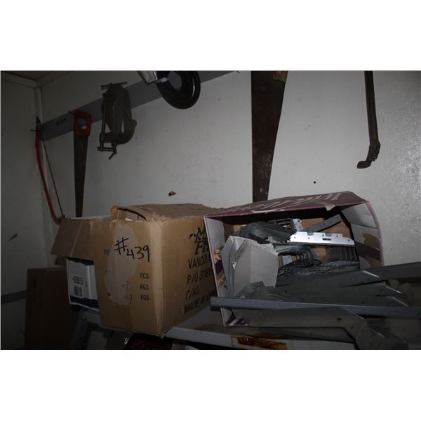 BULBS, NAIL PULLER, LIGHT FIXTURES C/W METAL SHELF AND CONTENTS